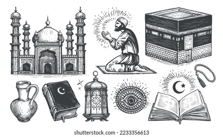 Islam concept. Religious tradition. Muslim culture set of sketches in vintage engraving style. Vector illustration
