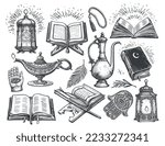 Islam concept sketch. Worship, religious objects and symbols in vintage engraving style. Collection vector illustration