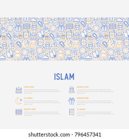 Islam concept with thin line icons: mosque, carpet, rosary, prayer, koran, moslem. Modern vector illustration, template for web page.