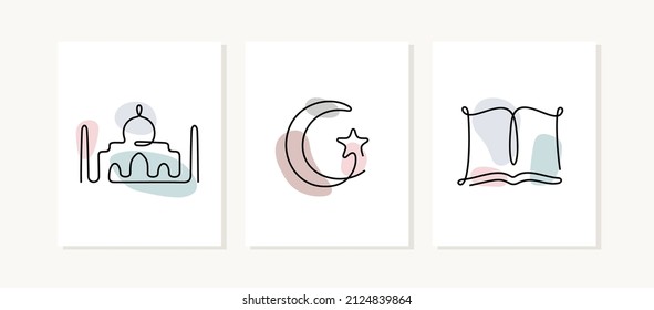Islam Continuous Line Posters. Religious Muslim Symbols, Mosque, Crescent And Star, Koran.