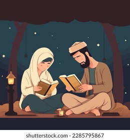 pareja islámica leyendo el santo quran de noche