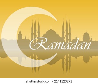 La luna creciente islámica con banner de silueta azul de la mezquita. Fondo dorado de Ramadán. Silueta de Estambul, luna y letras. Ilustración vectorial de tarjeta de vacaciones