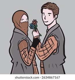 islam cute couple with beautiful flowers