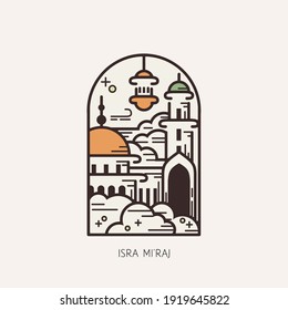 Islam day of Isra Mi'raj, Illustration vector graphics of Mosque on the sky. Perfect for posters, greeting cards, etc.