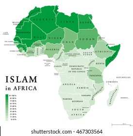 Islam distribution in Africa. Political map of Muslim population in African countries in ten percent scale and green color. English labeling.