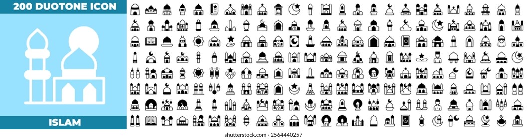 Islam Duotone Editable Icons set. Vector illustration in modern thin duotone style of islam icons: mosque, quran, carpet, ramadan, etc