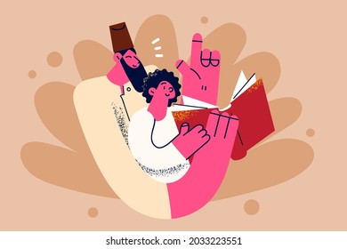 Islam education for muslim kids concept. Smiling arabic muslim father sitting with his son or daughter reading learning koran basics feeling positive together vector illustration 