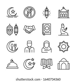 Islam fasting ramadhan line icon set