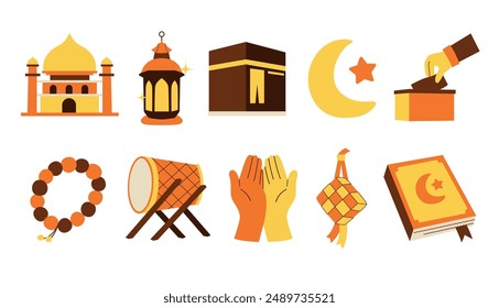 Islam flat icon set, cartoon ramadan elements vector illustration, eid mubarak icon collection