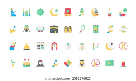 Iconos planos islámicos establecen ilustración vectorial. Religión musulmana y símbolos de culto, hombre y mujer sauditas con hiyab, mezquita y Corán, calendario religioso de festividades para las oraciones y la caridad.