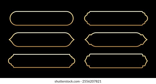 Islam frames. Arab, Indian, Turkish shapes set vector illustration. Collection of Muslim golden frames of different shapes isolated on black background. Traditional vintage Arabians design elements.