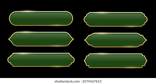 Islam frames. Arab, Indian, Turkish shapes set vector illustration. Isolated collection of Muslim green frames of different shapes with gold border. Traditional vintage Arabians design elements.