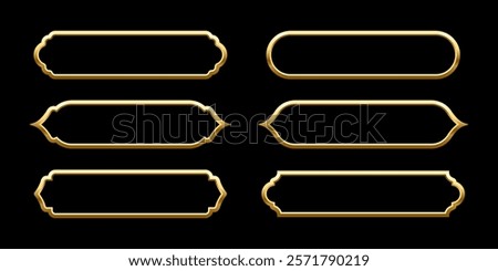 Islam frames. Arab, Indian, Turkish shapes set vector illustration. Collection of Muslim golden frames of different shapes isolated on black background. Traditional vintage Arabians design elements.