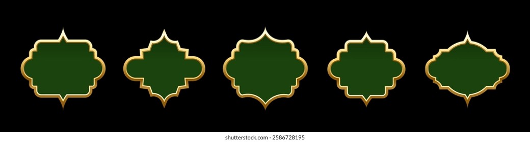 Islam frames. Ramadan ornaments. Arabian, Indian, Turkish decoration labels isolated on black. Collection of Muslim green frames of different shapes with gold border. Vector illustrations set.