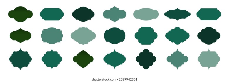 Islam frames. Ramadan ornaments. Arabian, Indian, Turkish decoration labels isolated on white. Collection of Muslim green frames of different shapes. Vector illustrations set.