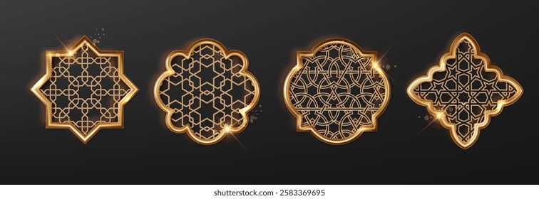 Islam golden frame with pattern isolated on black background. Oriental ornament, traditional Arabian design elements of decor, muslim gold frame.