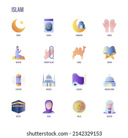 Islam gradient flat icons set. Koran, Ramadan, prayer´s mat, lantern, muslim, rosary, camel, mosque, Mecca, hijab, halal sign. Vector illustration.