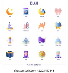 Islam gradient flat icons set. Koran, Ramadan, prayer´s mat, lantern, muslim, rosary, camel, mosque, Mecca, hijab, halal sign. Vector illustration.