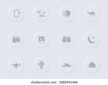 islam gray vector icons on round rubber buttons. islam icon set for web, mobile apps, ui design and promo business polygraphy