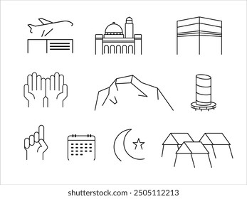 Islam hajj umrah pilgrimage holy kaaba religion trip destination moslem obligation black and white stroke design icon collection