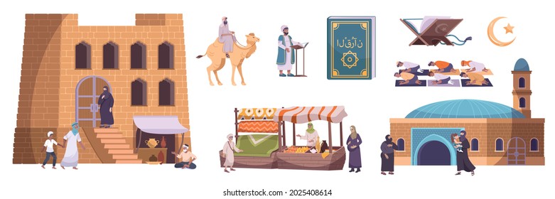 Islam history of faith set with flat isolated icons temple buildings market stall prayers and camel vector illustration