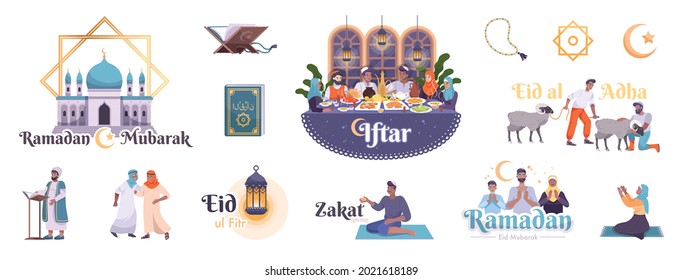 Islam holiday people set with flat human characters of prayers with isolated muslim icons and text vector illustration