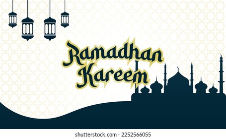 Islam holy month Ramadan Kareem invitation greeting card illustration vector with gold colored lamp ornament.