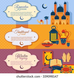  Islam horizontal banners set with Ramadan kareem traditional food and muslim praying symbols flat isolated vector illustration 