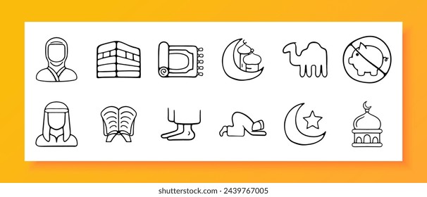 Islam icon set. Burqa, camel, namaz, traditions, religion, mosque, prophet, Koran, moon, dome, carpet. Black icon on a white background. Vector line icon for business and advertising