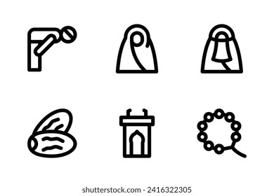 Islam icon set including salat, muslim woman, dates, lectern, and tasbih.