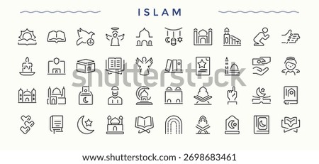 Islam icon set in linear style. Containing christianity, christian, easter, ritual, catholic and more. Religion icon. Icons for UI design. Editable stroke. Vector illustration.