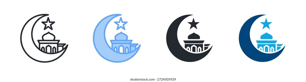Conjunto de iconos de Islam estilo múltiple. Diseñado en el contorno, azul, glifo, tono dual