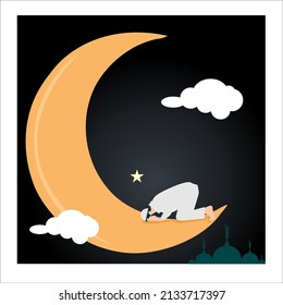 Islam icon vector, consist moon , mosque, praying man, mosque tower and muslim ornament sutable for ramadhan and ied greetings and other muslim greeting