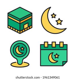 Islam icons set (Filled Line) = kaaba, crescent moon, pin, calendar. Perfect for website mobile app, app icons, presentation, illustration and any other projects.