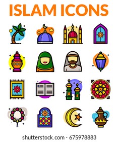 Islam icons set, religion vector illustration in modern line art style