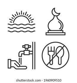 Islam icons set = sunset, dome mosque, wudhu, no eating. Perfect for website mobile app, app icons, presentation, illustration and any other projects.