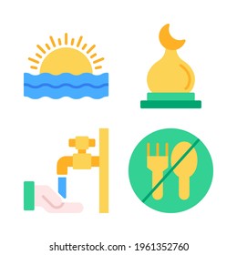Islam icons set = sunset, dome mosque, wudhu, no eating. Perfect for website mobile app, app icons, presentation, illustration and any other projects.