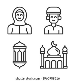 Islam icons set = woman, man, lantern, mosque. Perfect for website mobile app, app icons, presentation, illustration and any other projects.