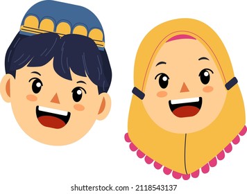 Islam Kids Boy And Girl Wearing Hijab, Simple Vektor, Ramadhan Edision, Can Use For Banner, Logo, T Shirt And More. Celebration Ramadhan And Eid Mubarak