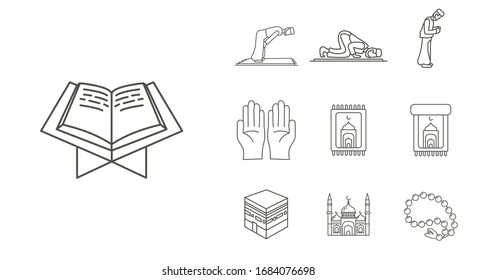 islam line icon set with Quran, kaaba, mosque icon