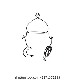 Islam Line Icon. Single line drawing of Dome Mosque and crescent moon - Lantern. Vector illustration of Dome Mosque ornamen for icon, symbol, logo ramadan kariem, tarawih, eid mubarok. Islam - Muslim 