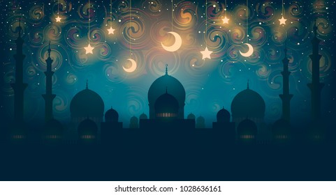 Islam. Magical oriental night on vector picture. Vector illustration of fantastic night in oriental palace with golden stars.