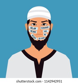 islam means peace and terrorist has no religion label tagged on muslim man face. vector illustration