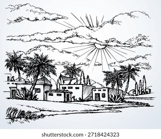 Islam de mediana edad oriente hierba de caña oasis planta tierra parque de madera colina camino camino estanque playa artista vista panorámica. Línea negra dibujada a mano boceto de arte retro paisaje salvaje Galilea mar monte viaje luz verano océano nublado bahía escena soleada nube sol cielo espacio de texto