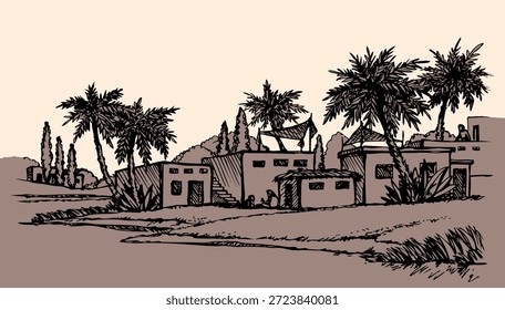 Islam de mediana edad oriente hierba de caña oasis planta tierra parque de madera colina camino camino estanque playa artista vista panorámica. Línea negra dibujada a mano boceto de arte retro paisaje salvaje Galilea mar monte viaje luz verano océano nublado bahía escena soleada nube sol cielo espacio de texto