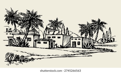 Islam middl age orient grass reed oasis plant land wood park hill road path pond beach artist scenic view. Black line hand drawn retro art sketch wild Galilee scenery sea mount travel light summer cloudy ocean bay sunny scene cloud sun sky text space