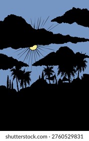 Islam middl age orient grass reed oasis plant land wood park hill road path pond beach artist scenic view. Black line hand drawn retro art sketch wild Galilee scenery sea mount travel light summer cloudy ocean bay sunny scene cloud sun sky text space