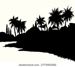 Islam middl age orient grass reed oasis plant land wood park hill road path pond beach artist scenic view. Black line hand drawn retro art sketch wild Galilee scenery sea mount travel light summer cloudy ocean bay sunny scene cloud sun sky text space