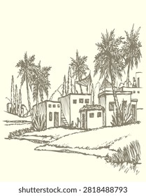 Islam middl age orient grass reed oasis plant land wood park hill road path pond beach artist scenic view. Black line hand drawn retro art sketch wild Galilee scenery sea mount travel light summer cloudy ocean bay sunny scene cloud sun sky text space