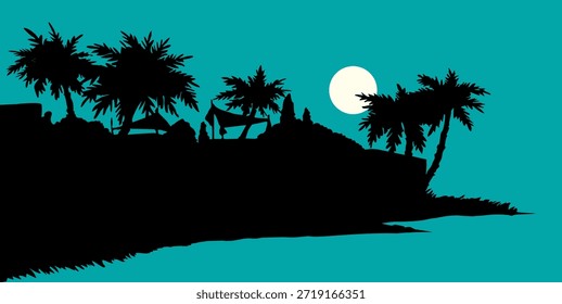 Islam Oriente Medio Historia árabe musulmana Artista antiguo Orientar hierba floral Planta de coco Planta de tierra Estanque de madera Vista panorámica. Arte bíblico judío retro negro calma salvaje árabe salvaje paisaje histórico de la isla de verano azul claro de la bahía de la corriente de la escena del espacio de texto